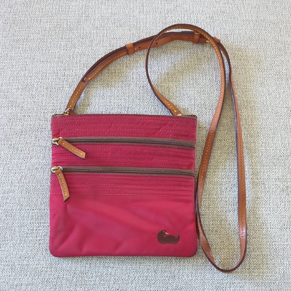 Red Nylon Dooney & Bourke Triple Zip Crossbody with tan Leather Trim